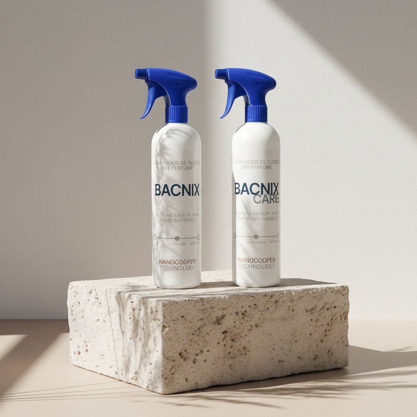 Sprays Bacnix sobre bloque de piedra, presentación del producto eliminador de olores con nanocobre.