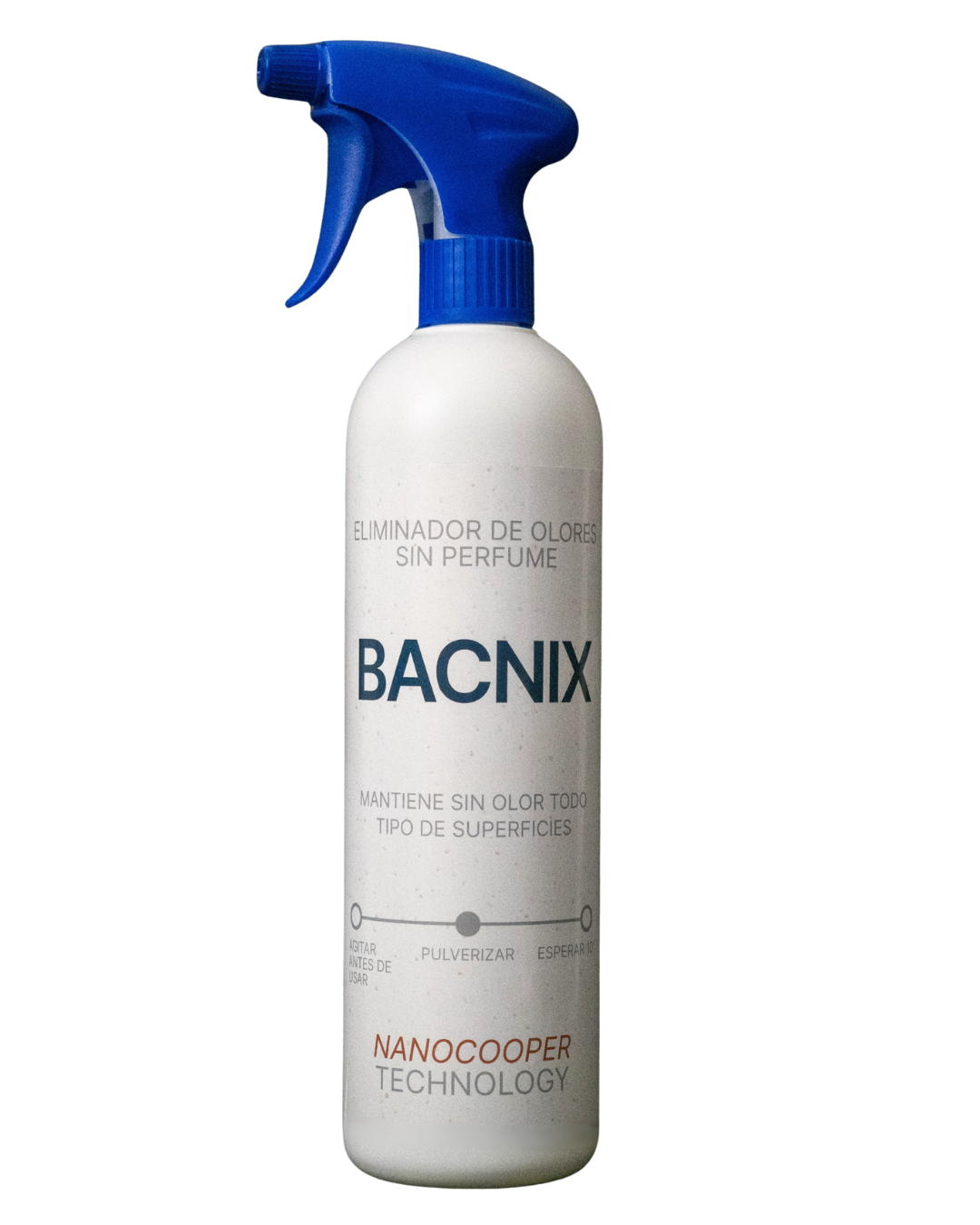 Spray Bacnix para eliminar malos olores, con tecnología de nanocobre sin perfume y eficaz.
