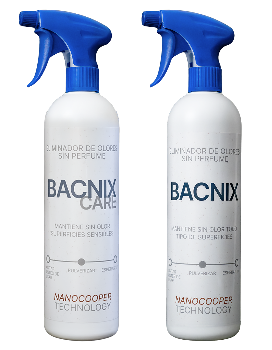 Sprays Bacnix y Bacnix Care, eliminadores de olores con nanocobre antibacteriano, sin fragancia.