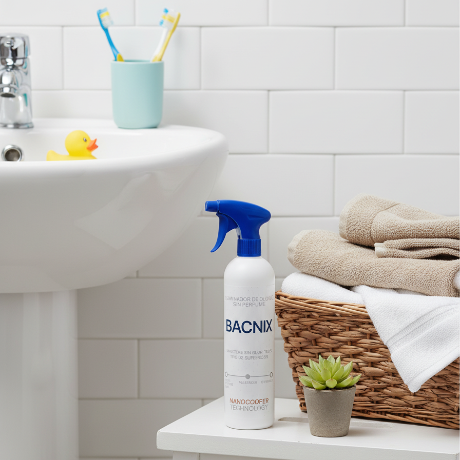 Spray Bacnix en un baño, junto a toallas y plantas, elimina los olores sin ambientadores
