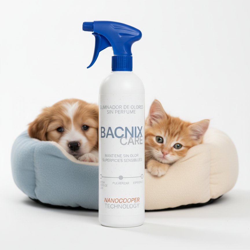 Spray Bacnix Care junto a un perro y un gato en sus camas, elimina los olores de mascotas sin perfume fuerte.