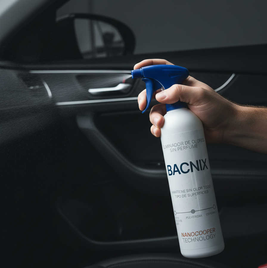 Spray Bacnix eliminando olor a tabaco y comida en el interior de un coche.